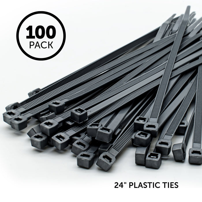 A pile of black 24" Plastic Ties is shown, perfect for securing nets. The image features "100 Pack" in a circle and "24\" Plastic Ties" at the bottom.