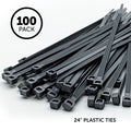 A pile of black 24" Plastic Ties is shown, perfect for securing nets. The image features "100 Pack" in a circle and "24\" Plastic Ties" at the bottom.