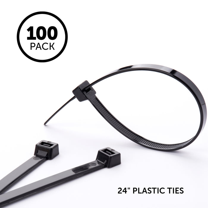 Three black 24" Plastic Ties—one looped and two flat—are shown on a white background with “100 Pack in a Circle” text, ideal for net securing and versatile organization.