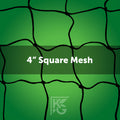 Green background with a black, irregular HTPP mesh pattern like those in small-sided soccer goals. Bold white 4 x 6 Soccer Nets (Depth: 0T - 3B) HTPP 3mm at center; faint KS logo at the bottom.
