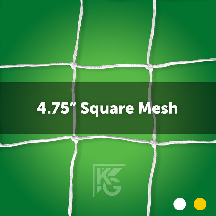 White 7 x 21 Soccer Nets (3T - 7B depth), made of PE 4mm with 4.75-inch square mesh, are shown on a green background. “4.75” Square Mesh” is bold at the center, with a subtle logo and two small circles at the bottom.