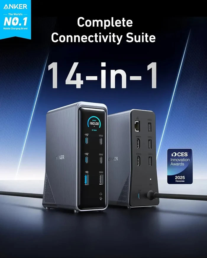 Anker Prime A83B6 14-in-1 USB-C Docking Station 160W GaN Power Supply Dual HDMI 4K@60Hz 1000Mbps LAN Multi Port Hub