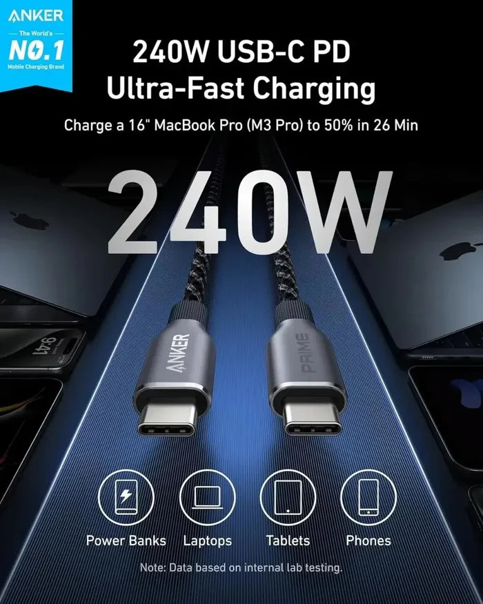 Anker Prime USB C to USB C Cable, 240W 3ft 6ft Fast Charging USB C Cable, Upcycled-Braided Nylon With 100-Year Bend Durability