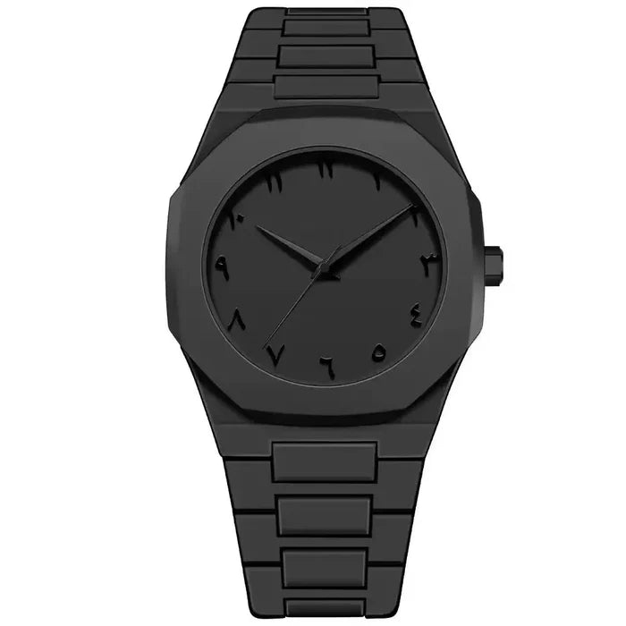 New Fashionable Men's Watch Simple Black Male Quartz Watches Arabic Digital Casual Drip Oil Strap - Color: Black
