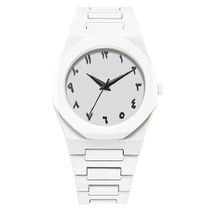 New Fashionable Men's Watch Simple Black Male Quartz Watches Arabic Digital Casual Drip Oil Strap - Color: White