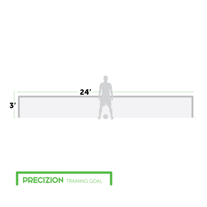A silhouette stands before a Precizion Soccer Goal | 3' x 24' Aluminum Finishing & Training Goal, emphasizing its vital role as essential soccer training equipment with the text PRECIZION TRAINING GOAL at the bottom.