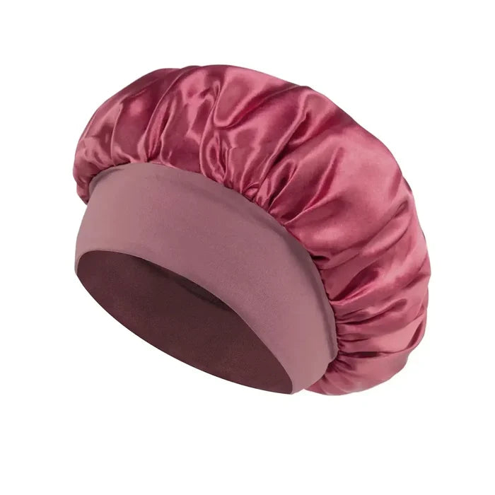 Women Satin Bonnet Hair Bonnet for Sleeping Hair Care Silk Bonnets Solid Wide-brimmed Sleeping Hat with Elastic Soft Band - Color: leather red