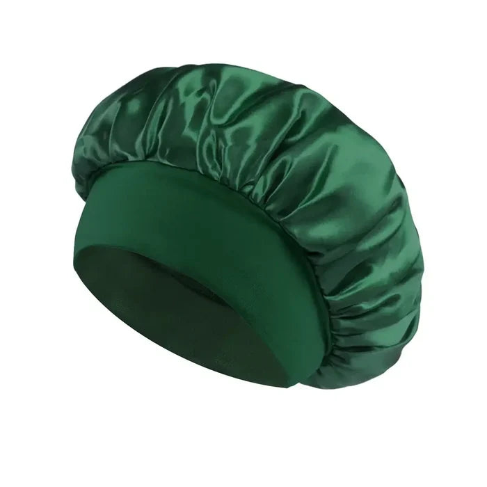 Women Satin Bonnet Hair Bonnet for Sleeping Hair Care Silk Bonnets Solid Wide-brimmed Sleeping Hat with Elastic Soft Band - Color: dark green