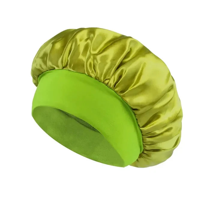 Women Satin Bonnet Hair Bonnet for Sleeping Hair Care Silk Bonnets Solid Wide-brimmed Sleeping Hat with Elastic Soft Band - Color: grass green