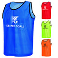 Blue, red, florescent lime, and orange scrimmage vests with black trim around the neck and sleeves and white Keeper Goals logo on the front.