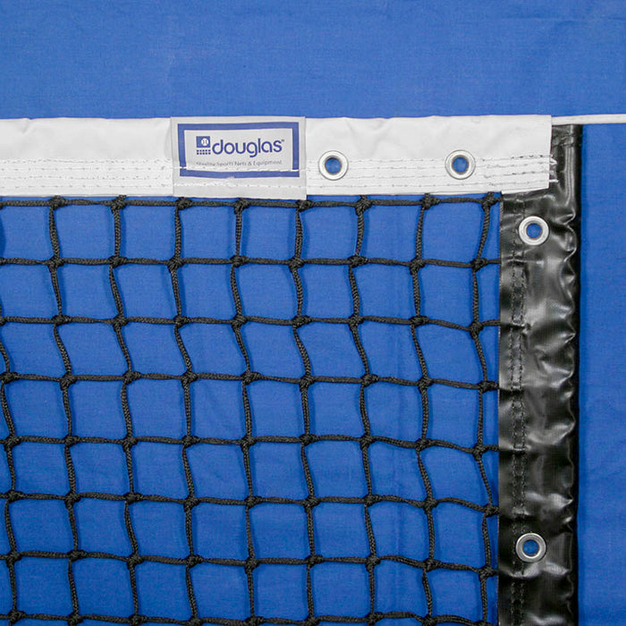 Close-up of the Short Pickleball Net | 31" H x 21'9" L Recreation Net with black netting, metal grommets, and a Douglas label on the white top band, set against a blue background.
